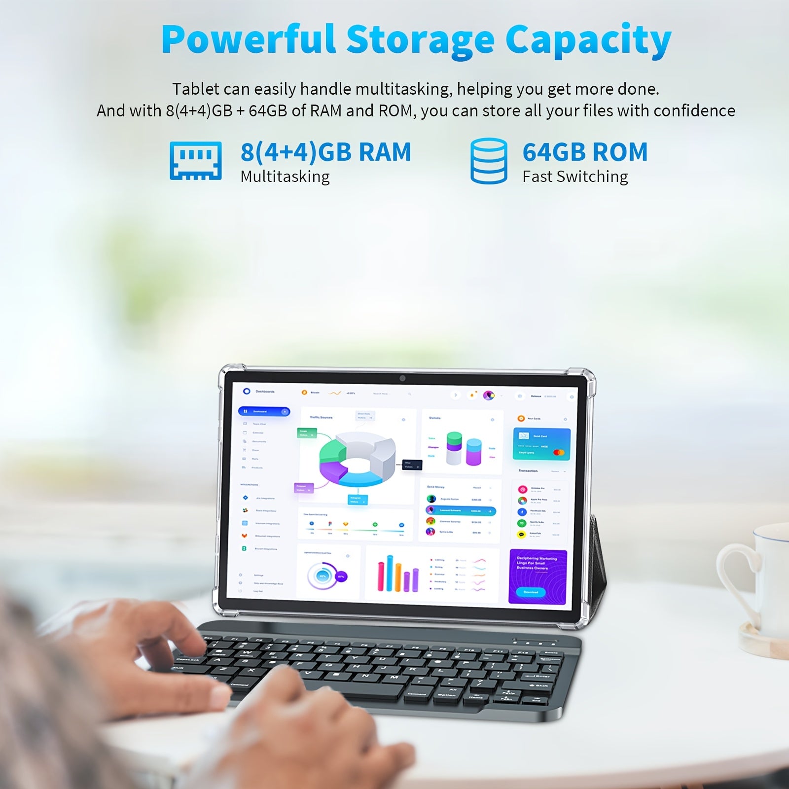 QDDQ Android Tablet 10 Inch Android 14 Tablet 2in 1 Tablet with Keyboard, Mouse, Case, Stylus, 8GB(4GB+4GB) RAM 64GB ROM, WiFi, Wireless, Tablet, Pad