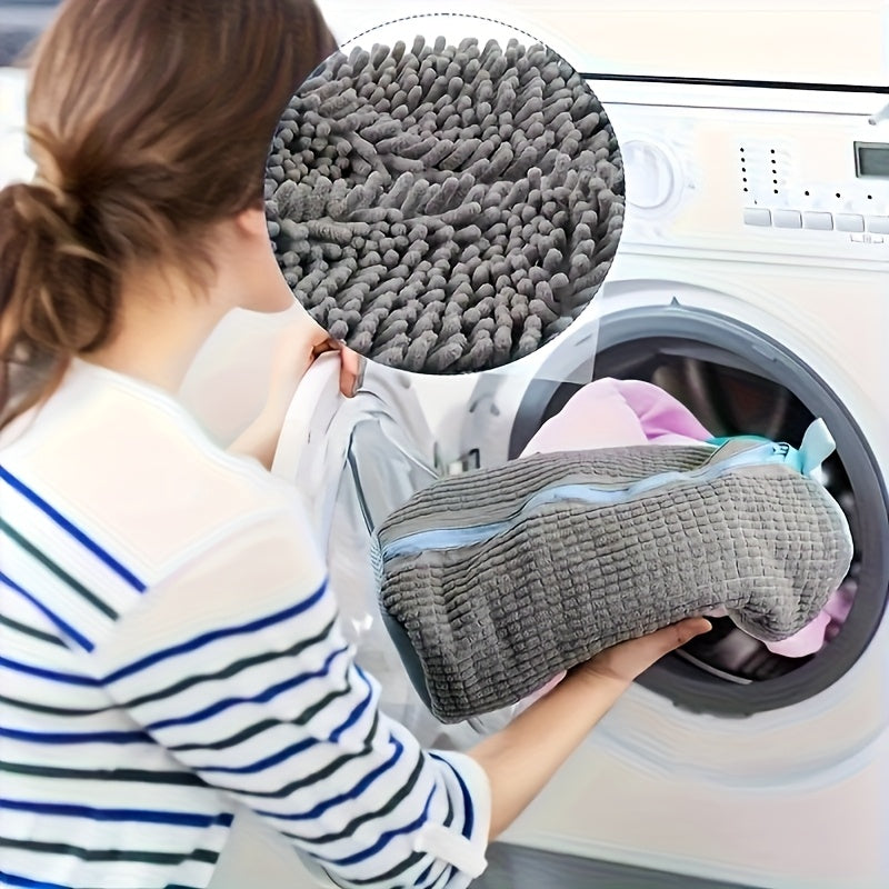 Durable White Polyester Shoe Wash Bag with Mesh Pocket and Zipper Closure - Suitable for Machine Washing, Shoe Cleaning Bag, Sock Cleaning Bag, Sneakers, Jewelry Accessories with Plush Lining - Perfect for Travel, Laundry, Sh