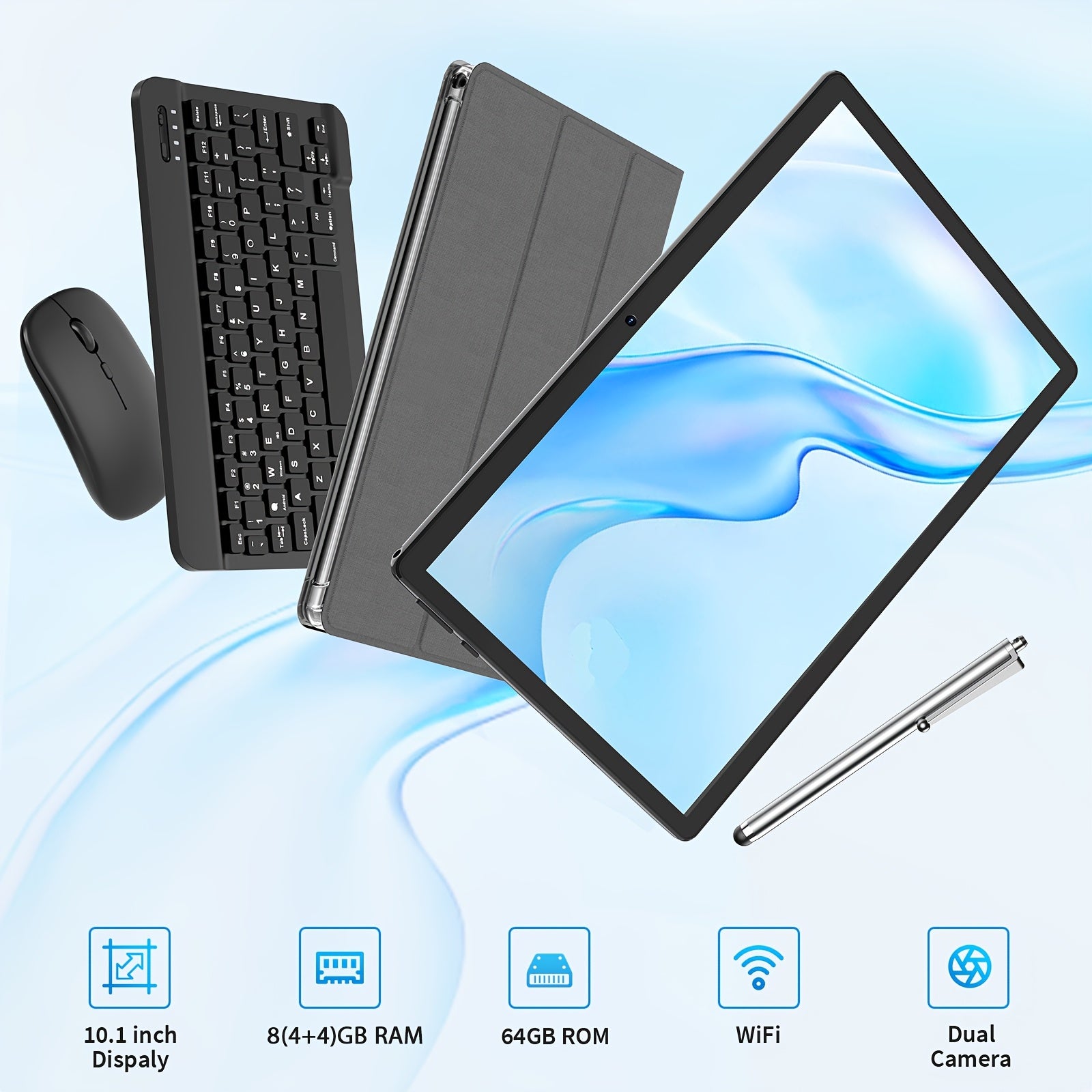 QDDQ Android Tablet 10 Inch Android 14 Tablet 2in 1 Tablet with Keyboard, Mouse, Case, Stylus, 8GB(4GB+4GB) RAM 64GB ROM, WiFi, Wireless, Tablet, Pad