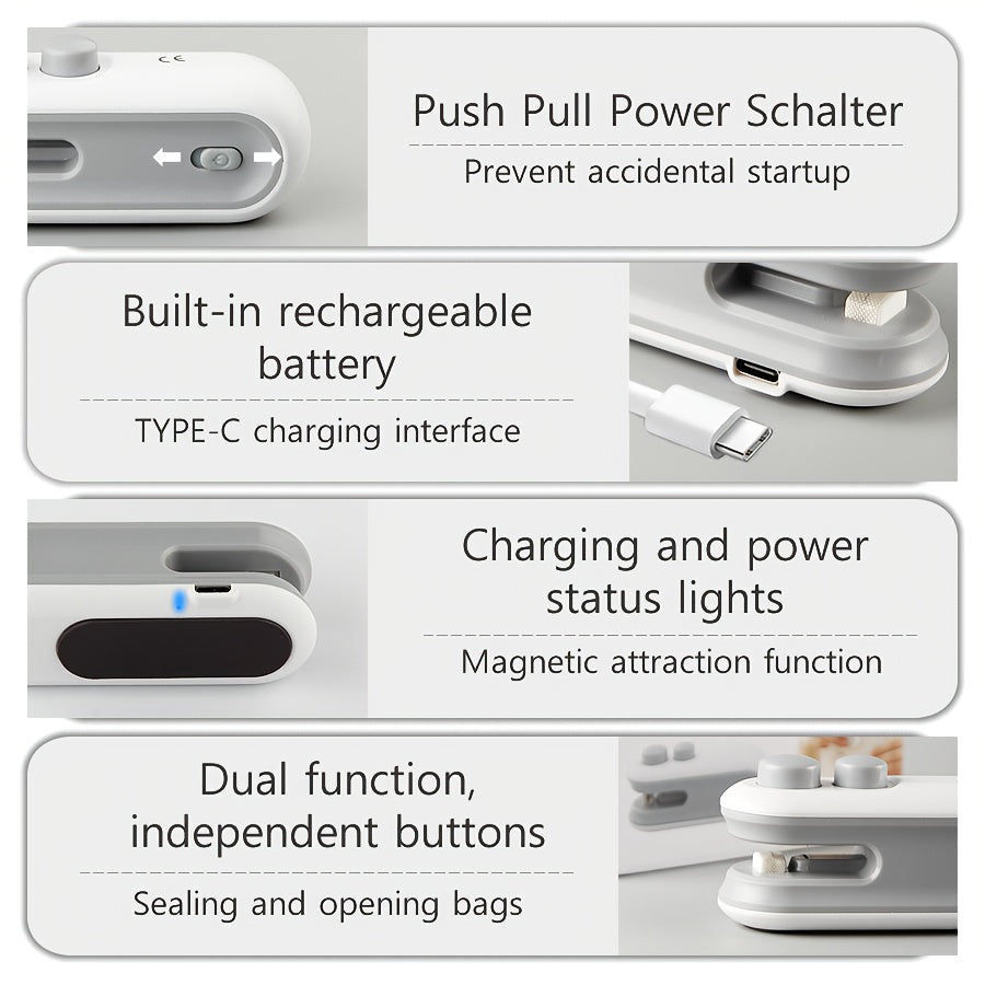 1pc Snack Packaging Bag Sealer with Built-In Magnetic USB Rechargeable Battery, Portable Mini Sealer for Picnic And Travel, Hand Press Plastic Sealing Machine, Bag Closure Magic Tool, Potato Chip Bag, Cookie Bag, Snack Bag, S