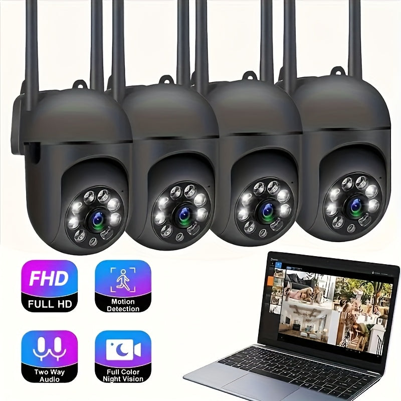 4 units of 360° pan-tilt wireless cameras with 1080P full HD  | USB power supply design for easy installation | 24-hour full-color night vision + human shape detection + two-way intercom | 2.4G WiFi home monitor + mobile ala
