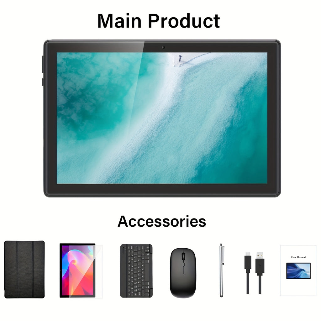 QDDQ Android Tablet 10 Inch Android 14 Tablet 2in 1 Tablet with Keyboard, Mouse, Case, Stylus, 8GB(4GB+4GB) RAM 64GB ROM, WiFi, Wireless, Tablet, Pad