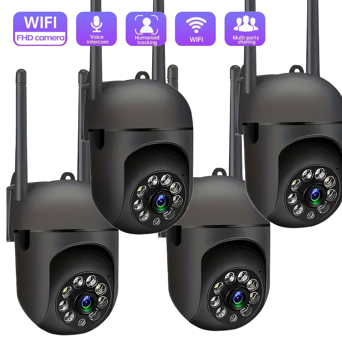 4 units of 360° pan-tilt wireless cameras with 1080P full HD  | USB power supply design for easy installation | 24-hour full-color night vision + human shape detection + two-way intercom | 2.4G WiFi home monitor + mobile ala