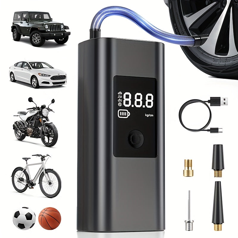 Portable Tire Inflator Air Compressor - 3000mAh Cordless Air Pump with Digital Tire Pressure Gauge, LCD Display, Suitable for Cars/Motorcycles/E-Bikes/Balls,  Compact Design