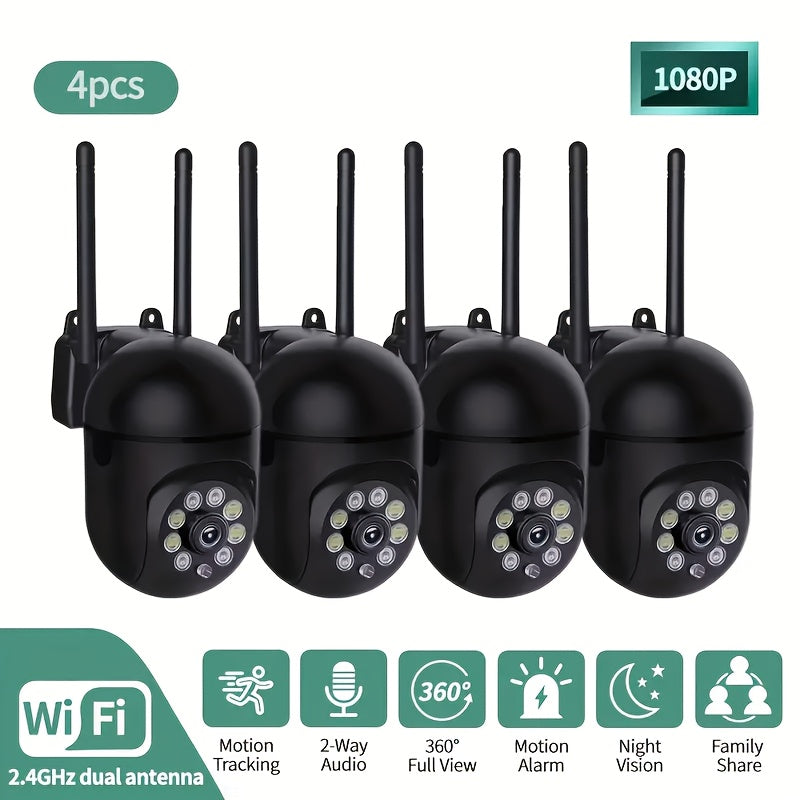 4 units of 360° pan-tilt wireless cameras with 1080P full HD  | USB power supply design for easy installation | 24-hour full-color night vision + human shape detection + two-way intercom | 2.4G WiFi home monitor + mobile ala