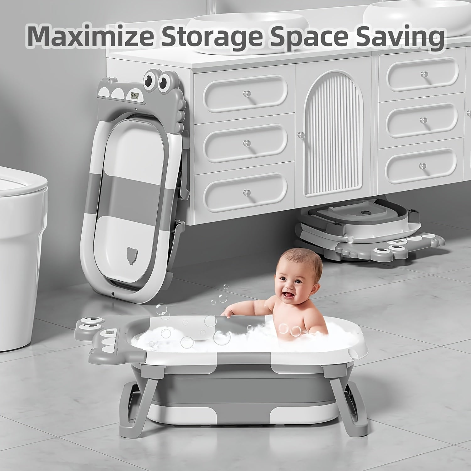 Collapsible Baby Bathtub with Real-Time Temperature Monitor & Floating Cushion