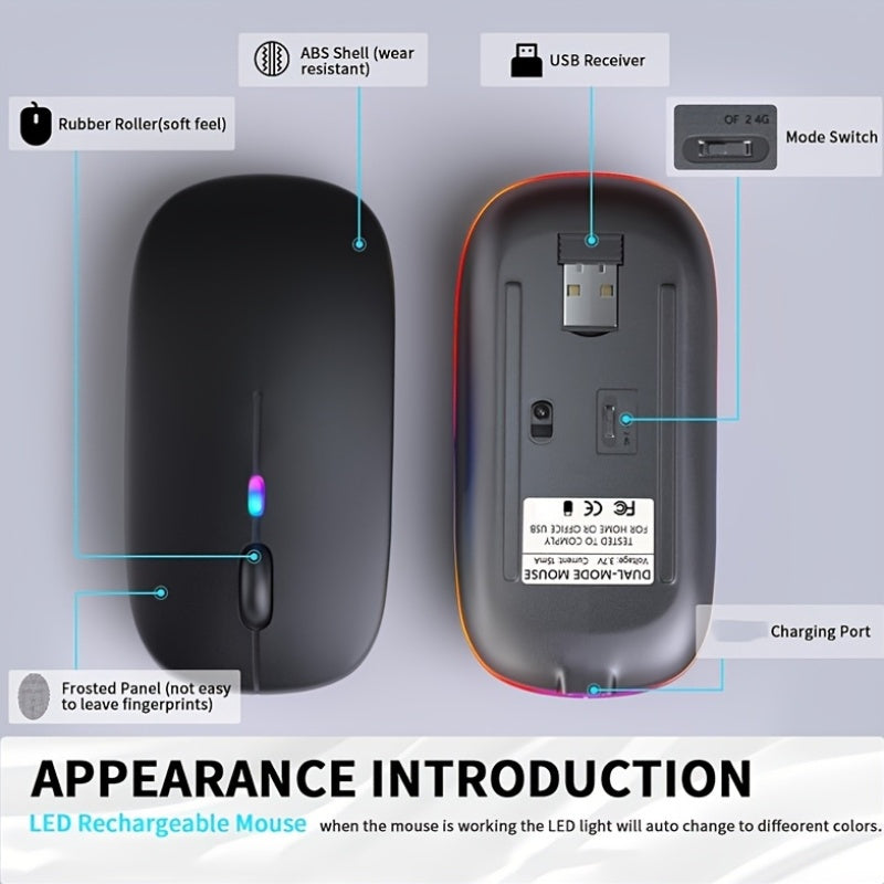 2.4G+BT Ultra-Thin READ Wireless Luminous Mouse - Ergonomic Design, Anti-Slip Roller, USB Receiver - Compatible with Laptops, PCs, Macs, MacBook, Rechargeable Lithium Polymer Battery, Type-C Charging, 1.15W Max Power, 0.1W Mi