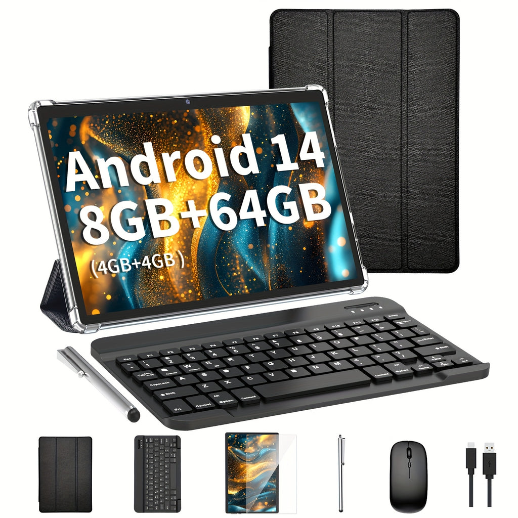 QDDQ Android Tablet 10 Inch Android 14 Tablet 2in 1 Tablet with Keyboard, Mouse, Case, Stylus, 8GB(4GB+4GB) RAM 64GB ROM, WiFi, Wireless, Tablet, Pad