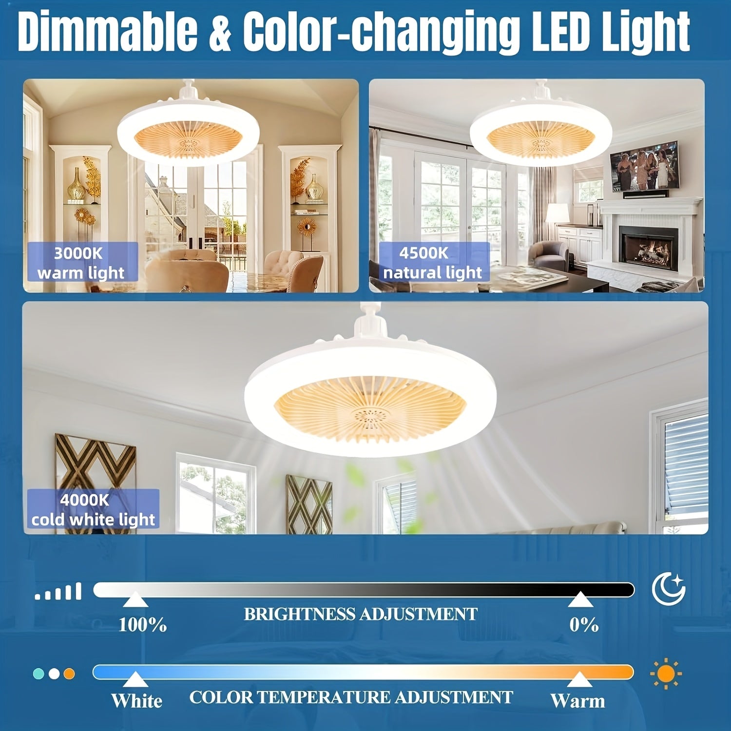 2-in-1 Multifunctional Ceiling Fan with Light, LED Fan Light, 25.4 cm Diameter, Color Matching, Infinite Dimming, and Timer Function, Suitable for Bathrooms/Bedrooms/Garages/Kitchens/Offices, Ceiling Fan Light, Bedroom Lighti