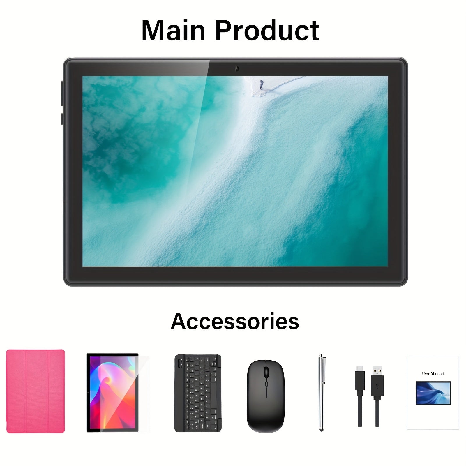 QDDQ Android Tablet 10 Inch Android 14 Tablet 2in 1 Tablet with Keyboard, Mouse, Case, Stylus, 8GB(4GB+4GB) RAM 64GB ROM, WiFi, Wireless, Tablet, Pad