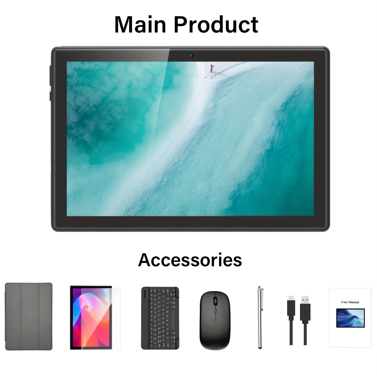 QDDQ Android Tablet 10 Inch Android 14 Tablet 2in 1 Tablet with Keyboard, Mouse, Case, Stylus, 8GB(4GB+4GB) RAM 64GB ROM, WiFi, Wireless, Tablet, Pad