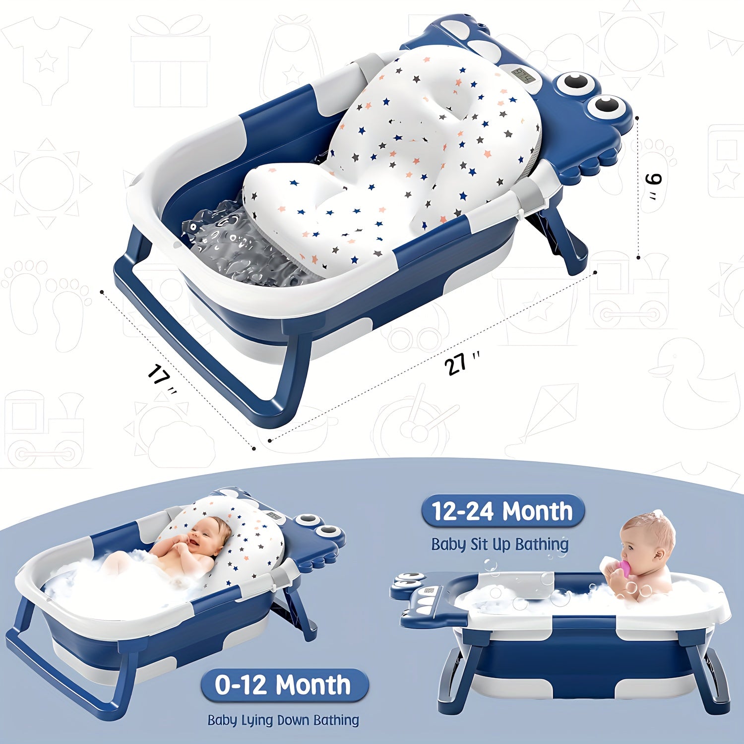 Collapsible Baby Bathtub with Real-Time Temperature Monitor & Floating Cushion